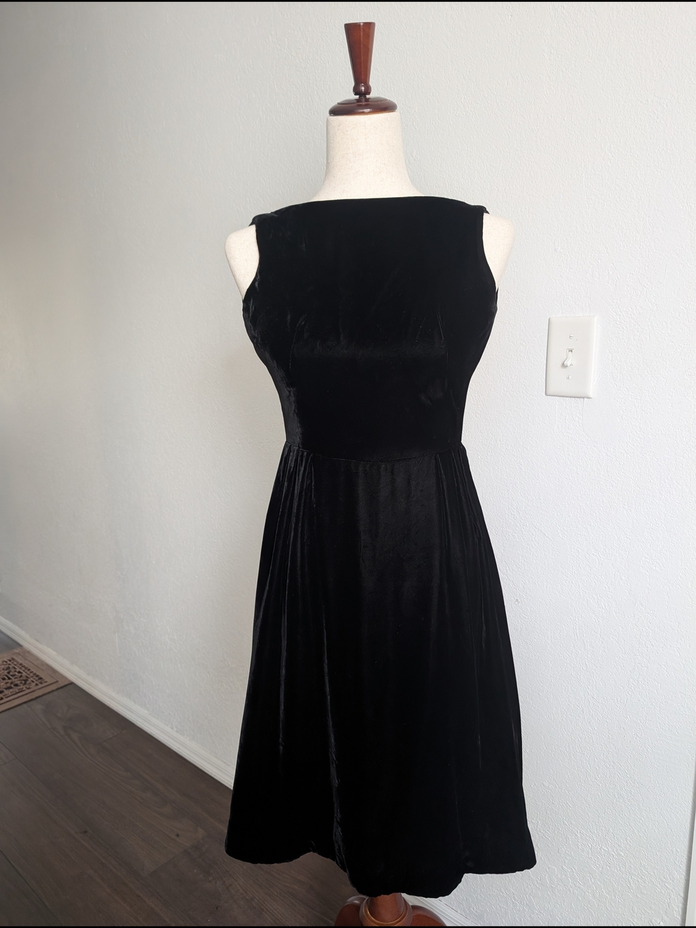 Vintage 50s Black Velvet Kimie Dress, Boat neck A-Line